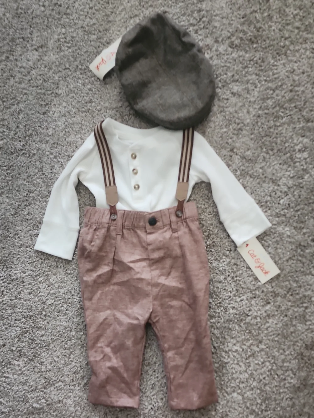 NWT 3-6 MONTH Brown Suspenders Pants Set with White Henley